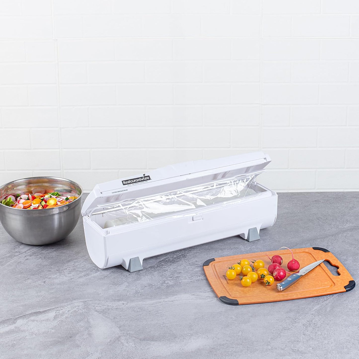 Chef 101 Food Wrap Dispenser with Cutter, 1 Refillable Cling Wrap Dispenser - Fits 12” to 18” x 1000’ Rolls, Press Down and Cut, White Plastic Aluminum Foil, Sharp Blade