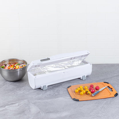 Chef 101 Food Wrap Dispenser with Cutter, 1 Refillable Cling Wrap Dispenser - Fits 12” to 18” x 1000’ Rolls, Press Down and Cut, White Plastic Aluminum Foil, Sharp Blade