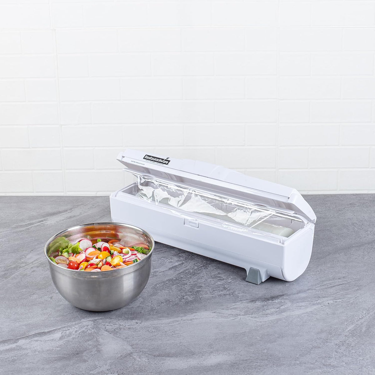 Chef 101 Food Wrap Dispenser with Cutter, 1 Refillable Cling Wrap Dispenser - Fits 12” to 18” x 1000’ Rolls, Press Down and Cut, White Plastic Aluminum Foil, Sharp Blade