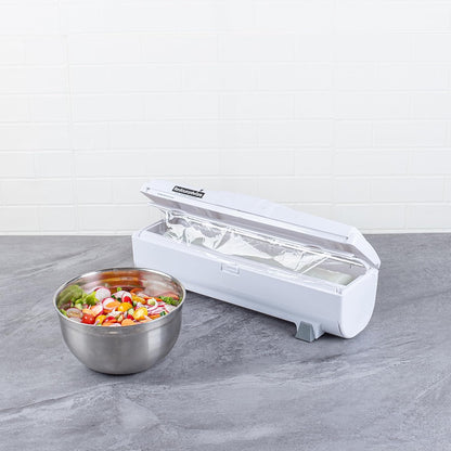 Chef 101 Food Wrap Dispenser with Cutter, 1 Refillable Cling Wrap Dispenser - Fits 12” to 18” x 1000’ Rolls, Press Down and Cut, White Plastic Aluminum Foil, Sharp Blade
