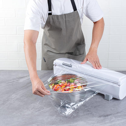 Chef 101 Food Wrap Dispenser with Cutter, 1 Refillable Cling Wrap Dispenser - Fits 12” to 18” x 1000’ Rolls, Press Down and Cut, White Plastic Aluminum Foil, Sharp Blade