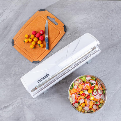 Chef 101 Food Wrap Dispenser with Cutter, 1 Refillable Cling Wrap Dispenser - Fits 12” to 18” x 1000’ Rolls, Press Down and Cut, White Plastic Aluminum Foil, Sharp Blade