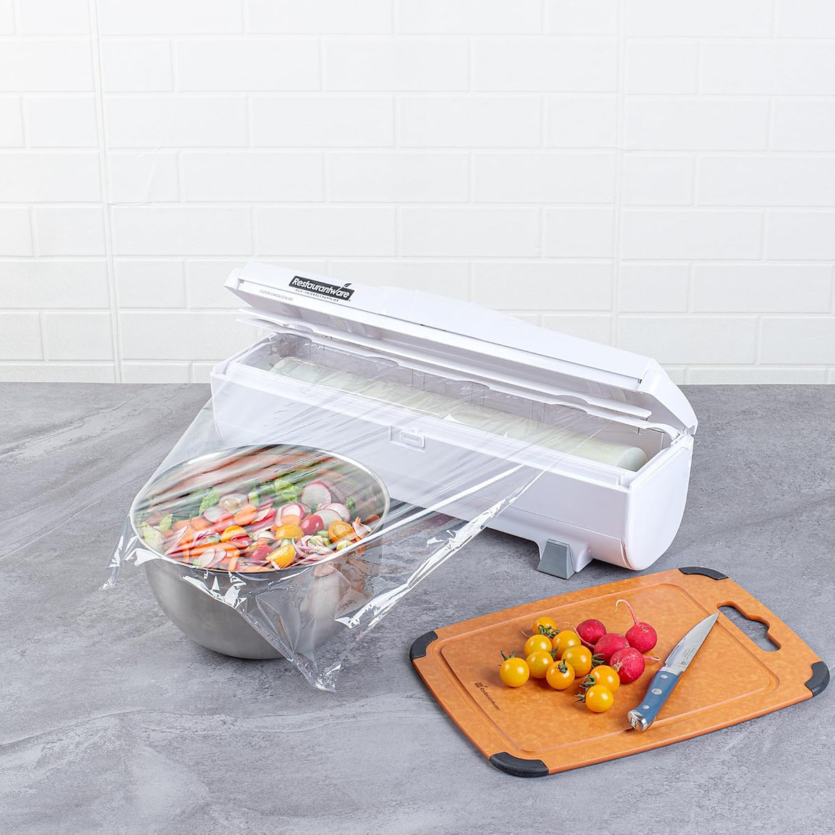 Chef 101 Food Wrap Dispenser with Cutter, 1 Refillable Cling Wrap Dispenser - Fits 12” to 18” x 1000’ Rolls, Press Down and Cut, White Plastic Aluminum Foil, Sharp Blade
