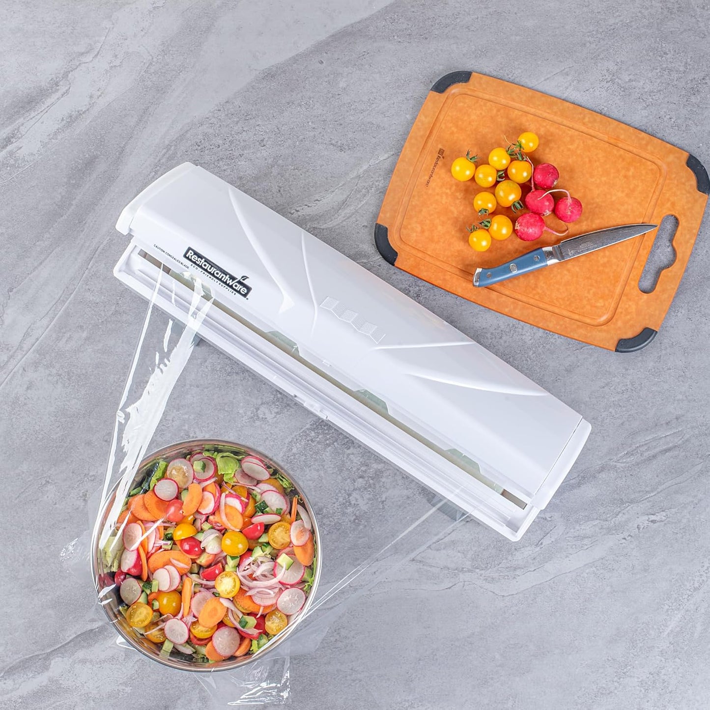 Chef 101 Food Wrap Dispenser with Cutter, 1 Refillable Cling Wrap Dispenser - Fits 12” to 18” x 1000’ Rolls, Press Down and Cut, White Plastic Aluminum Foil, Sharp Blade
