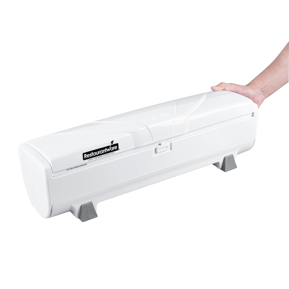 Chef 101 Food Wrap Dispenser with Cutter, 1 Refillable Cling Wrap Dispenser - Fits 12” to 18” x 1000’ Rolls, Press Down and Cut, White Plastic Aluminum Foil, Sharp Blade