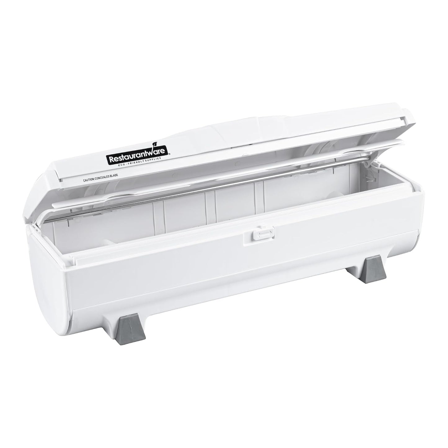 Chef 101 Food Wrap Dispenser with Cutter, 1 Refillable Cling Wrap Dispenser - Fits 12” to 18” x 1000’ Rolls, Press Down and Cut, White Plastic Aluminum Foil, Sharp Blade