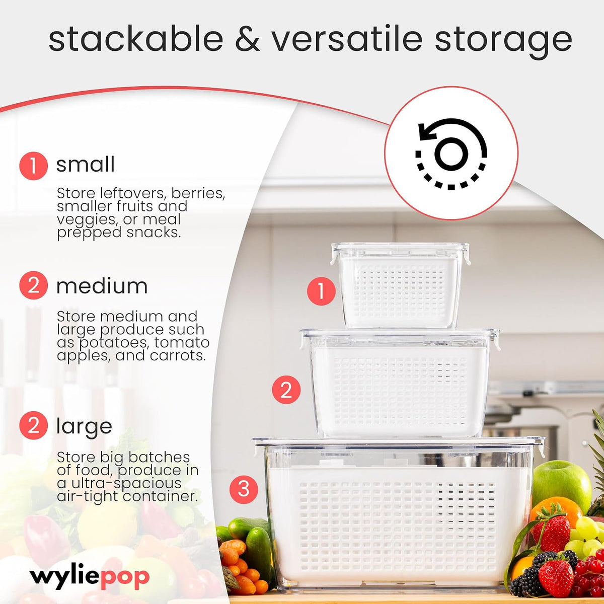 Premium Fruit Storage Containers for Fridge with Veggie Peeler – 3-in-1 Produce Containers for Fridge with Strainer & Removable Colander – Large, Clear Fruit and Vegetable Storage Organizer (Set of 3)