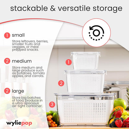 Premium Fruit Storage Containers for Fridge with Veggie Peeler – 3-in-1 Produce Containers for Fridge with Strainer & Removable Colander – Large, Clear Fruit and Vegetable Storage Organizer (Set of 3)