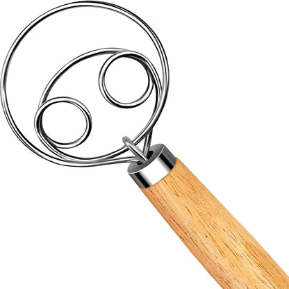 Danish Dough Whisk Stainless Steel Dough Hook Dutch Whisk for Sourdough Bread Dough Mixer Hand Wooden Handle Kitchen Whisking Mixing Tool Bread Making Tools and Supplies (2 eyes)