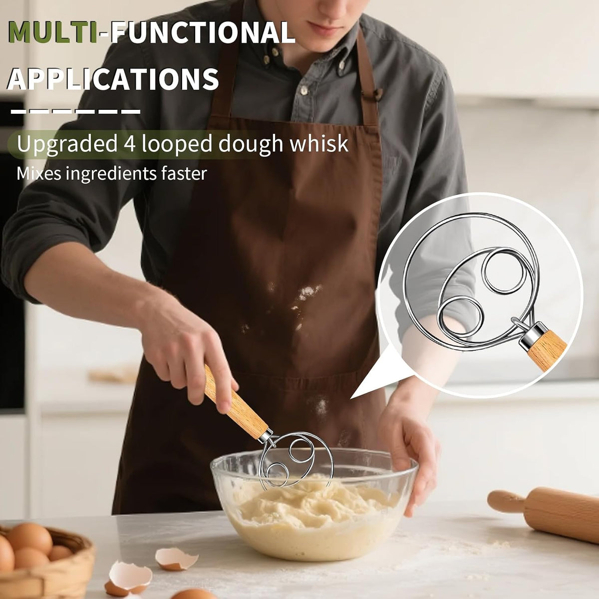 Danish Dough Whisk Stainless Steel Dough Hook Dutch Whisk for Sourdough Bread Dough Mixer Hand Wooden Handle Kitchen Whisking Mixing Tool Bread Making Tools and Supplies (2 eyes)