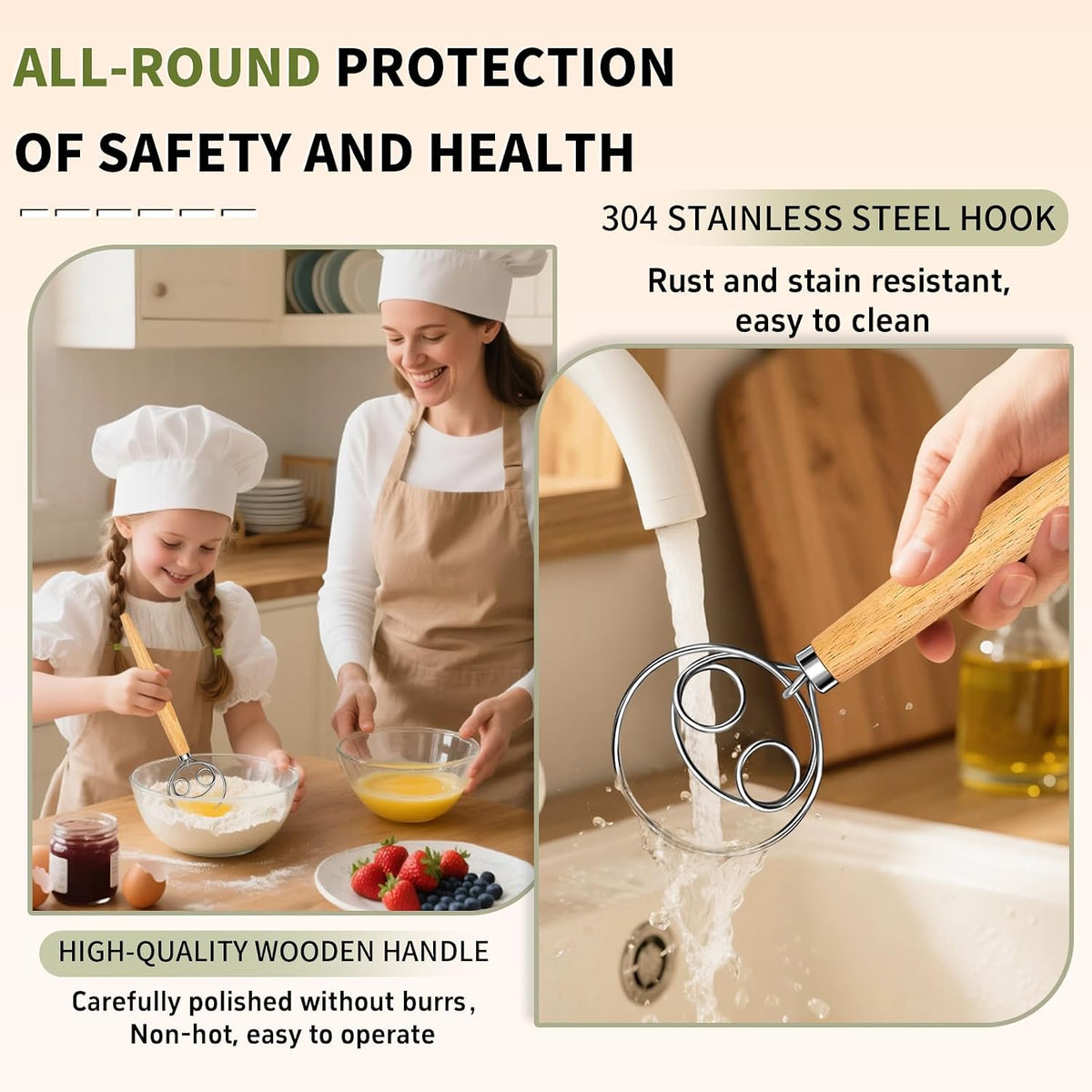 Danish Dough Whisk Stainless Steel Dough Hook Dutch Whisk for Sourdough Bread Dough Mixer Hand Wooden Handle Kitchen Whisking Mixing Tool Bread Making Tools and Supplies (2 eyes)