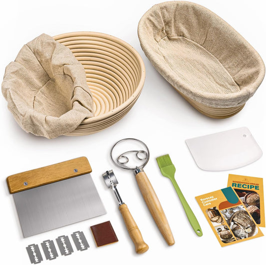 Sourdough Starter Kit with Banneton Bread Proofing Baskets | Complete Sourdough Bread Baking Supplies, Beginner Friendly, 9 in Round & 10 in Oval Rattan Banneton, Sturdy Sour Dough Tools