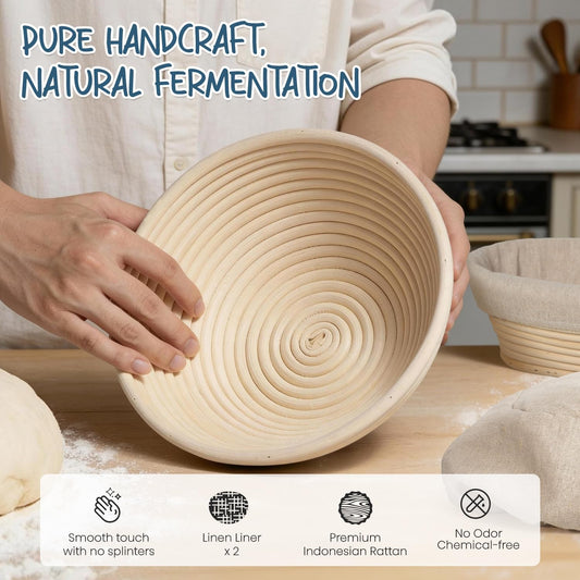 Sourdough Starter Kit with Banneton Bread Proofing Baskets | Complete Sourdough Bread Baking Supplies, Beginner Friendly, 9 in Round & 10 in Oval Rattan Banneton, Sturdy Sour Dough Tools