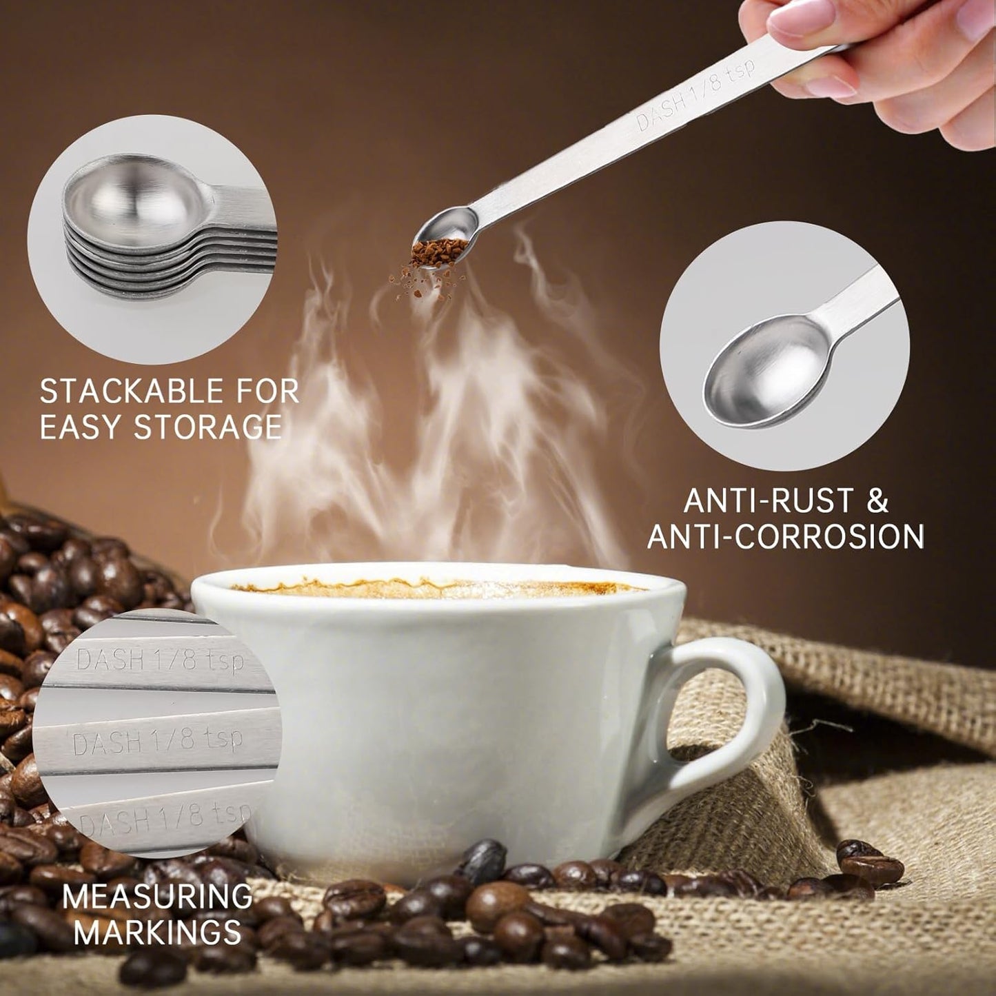 6 PCS 1/8 Teaspoon (1/8 Tsp | 0.625 mL | 0.625 cc) Single Measuring Spoon, Stainless Steel 1/8 Tsp Small Measuring Spoon Mini Measuring Spoons