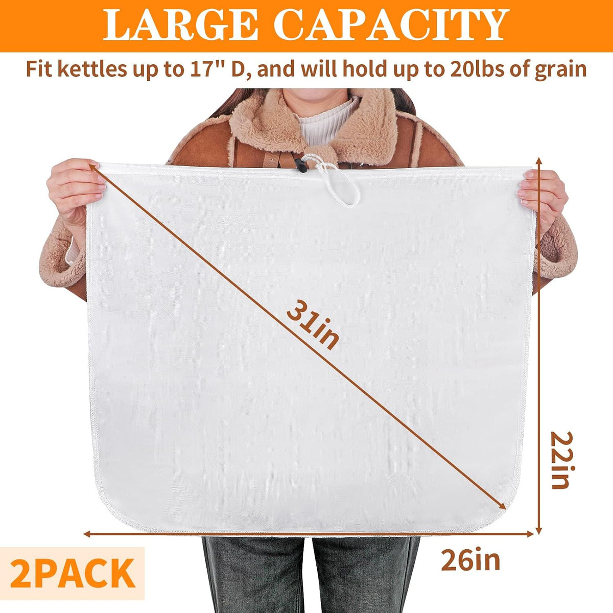 2 Pack Brew Bags 26x22 Inch 250 Micron Reusable with Drawstring for Beer