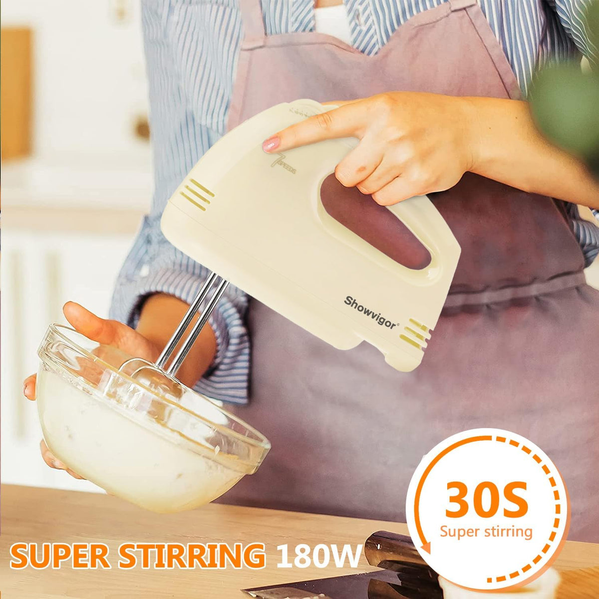 Showvigor Electric Hand mixer - 7 Adjustable Speed 180W Handheld Mixer Electric Whisk with 5 Stainless Steel Accessories, Turbo Boost/Self-Control Speed + Eject Button Food Beater for Cakes Eggs