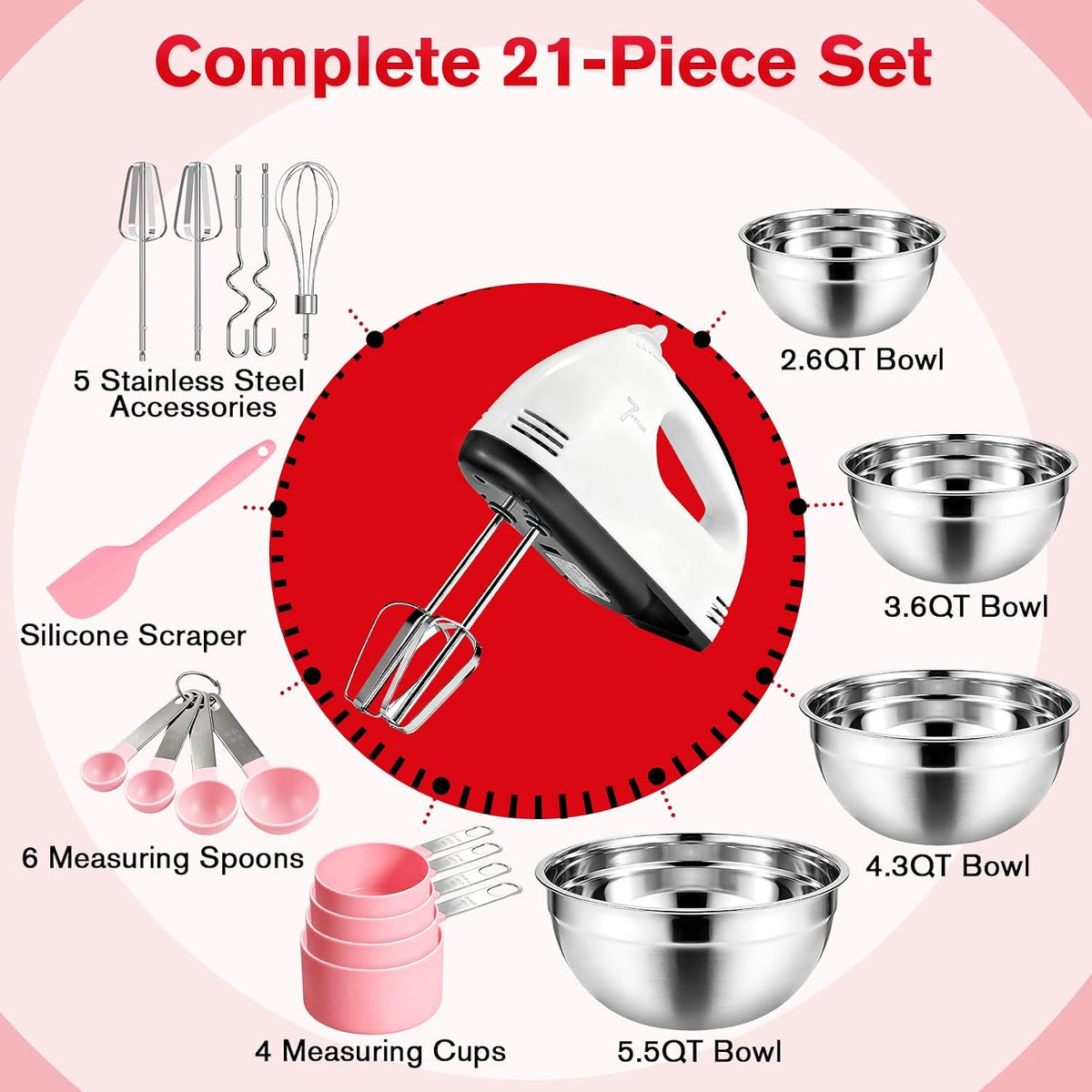 Showvigor Electric Hand mixer - 7 Adjustable Speed 180W Handheld Mixer Electric Whisk with 5 Stainless Steel Accessories, Turbo Boost/Self-Control Speed + Eject Button Food Beater for Cakes Eggs