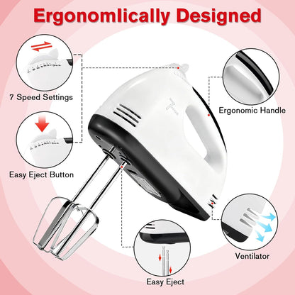 Showvigor Electric Hand mixer - 7 Adjustable Speed 180W Handheld Mixer Electric Whisk with 5 Stainless Steel Accessories, Turbo Boost/Self-Control Speed + Eject Button Food Beater for Cakes Eggs