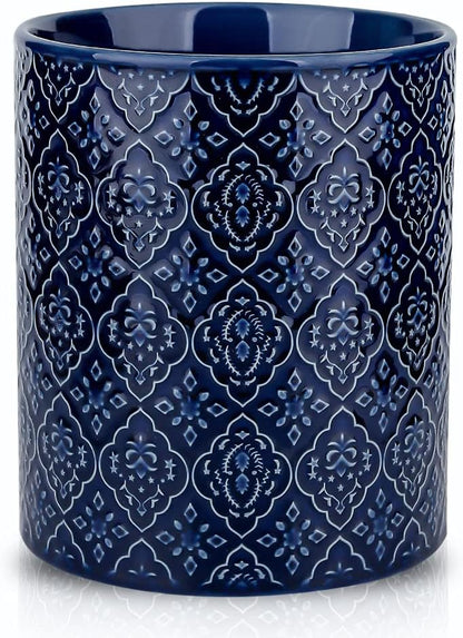 Kitchen Utensil Holder, Large Utensil Holders for Countertop, 6 x 7 Inches Ceramic Utensil Crock, Deep and Stable, Cooking Utensil Holder, Embossed Pattern (BLue)