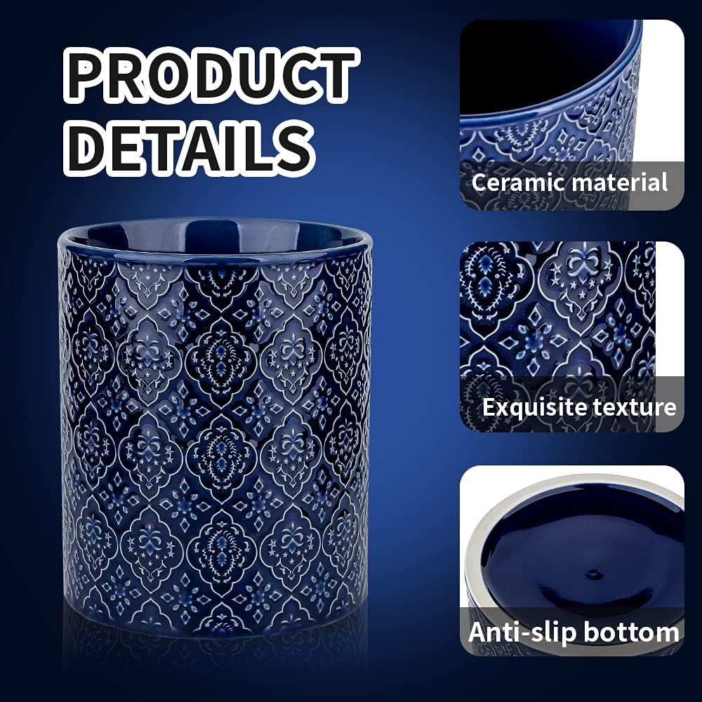 Kitchen Utensil Holder, Large Utensil Holders for Countertop, 6 x 7 Inches Ceramic Utensil Crock, Deep and Stable, Cooking Utensil Holder, Embossed Pattern (BLue)