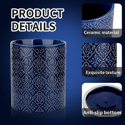 Kitchen Utensil Holder, Large Utensil Holders for Countertop, 6 x 7 Inches Ceramic Utensil Crock, Deep and Stable, Cooking Utensil Holder, Embossed Pattern (BLue)