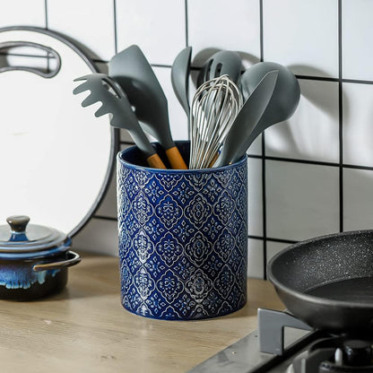 Kitchen Utensil Holder, Large Utensil Holders for Countertop, 6 x 7 Inches Ceramic Utensil Crock, Deep and Stable, Cooking Utensil Holder, Embossed Pattern (BLue)
