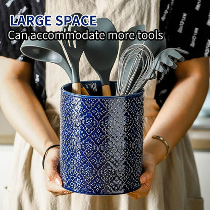 Kitchen Utensil Holder, Large Utensil Holders for Countertop, 6 x 7 Inches Ceramic Utensil Crock, Deep and Stable, Cooking Utensil Holder, Embossed Pattern (BLue)