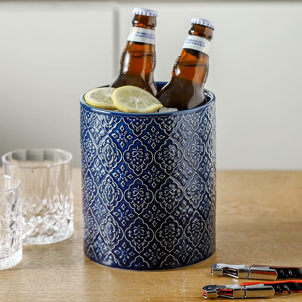 Kitchen Utensil Holder, Large Utensil Holders for Countertop, 6 x 7 Inches Ceramic Utensil Crock, Deep and Stable, Cooking Utensil Holder, Embossed Pattern (BLue)