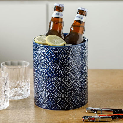 Kitchen Utensil Holder, Large Utensil Holders for Countertop, 6 x 7 Inches Ceramic Utensil Crock, Deep and Stable, Cooking Utensil Holder, Embossed Pattern (BLue)