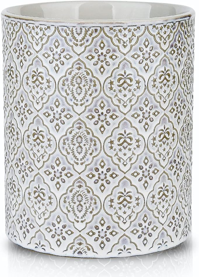 Kitchen Utensil Holder, Large Utensil Holders for Countertop, 6 x 7 Inches Ceramic Utensil Crock, Deep and Stable, Cooking Utensil Holder, Embossed Pattern (BLue)