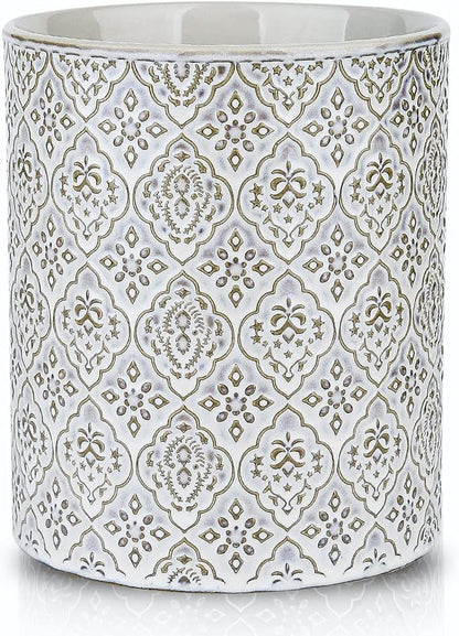 Kitchen Utensil Holder, Large Utensil Holders for Countertop, 6 x 7 Inches Ceramic Utensil Crock, Deep and Stable, Cooking Utensil Holder, Embossed Pattern (BLue)