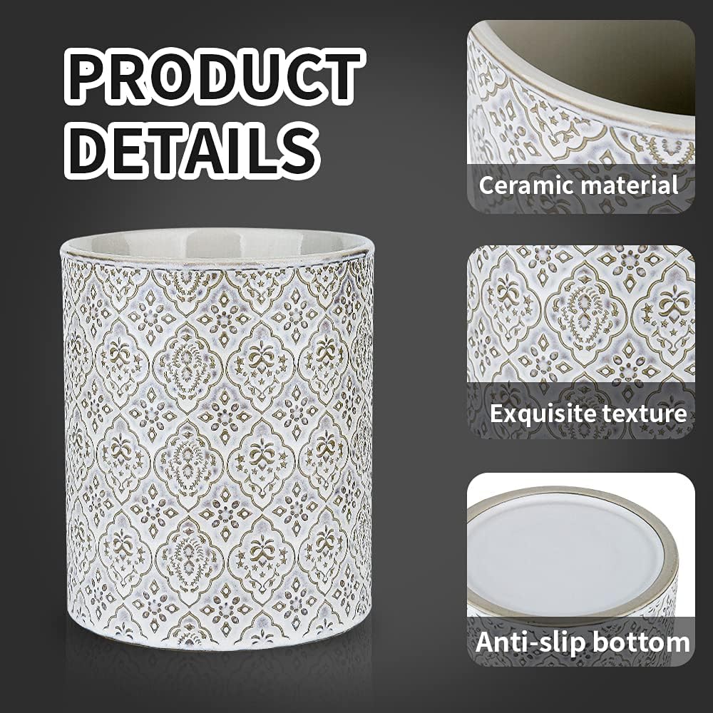 Kitchen Utensil Holder, Large Utensil Holders for Countertop, 6 x 7 Inches Ceramic Utensil Crock, Deep and Stable, Cooking Utensil Holder, Embossed Pattern (BLue)