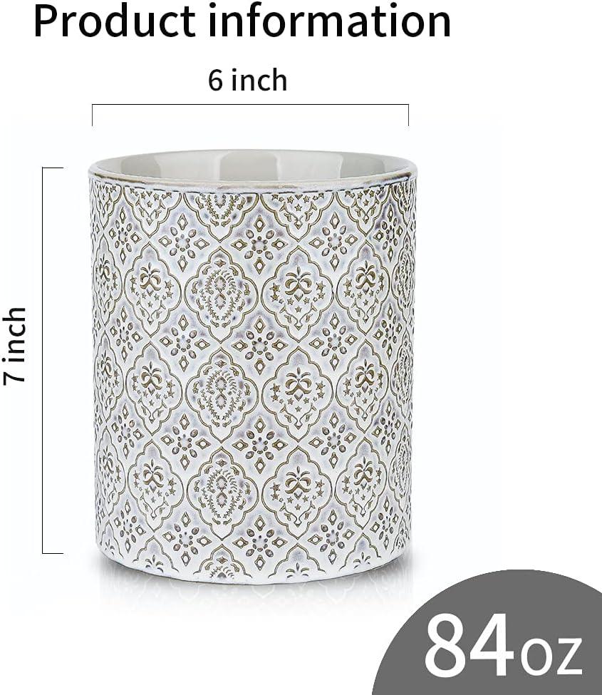 Kitchen Utensil Holder, Large Utensil Holders for Countertop, 6 x 7 Inches Ceramic Utensil Crock, Deep and Stable, Cooking Utensil Holder, Embossed Pattern (BLue)
