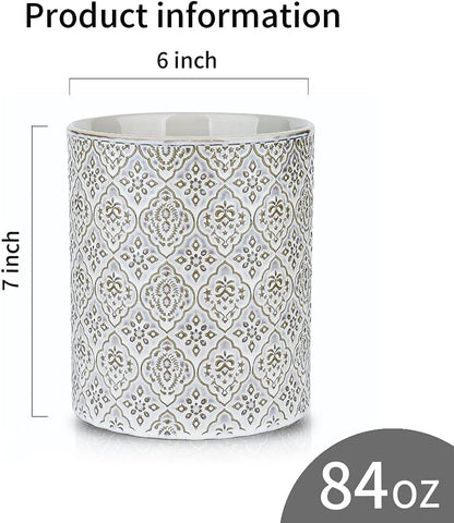 Kitchen Utensil Holder, Large Utensil Holders for Countertop, 6 x 7 Inches Ceramic Utensil Crock, Deep and Stable, Cooking Utensil Holder, Embossed Pattern (BLue)