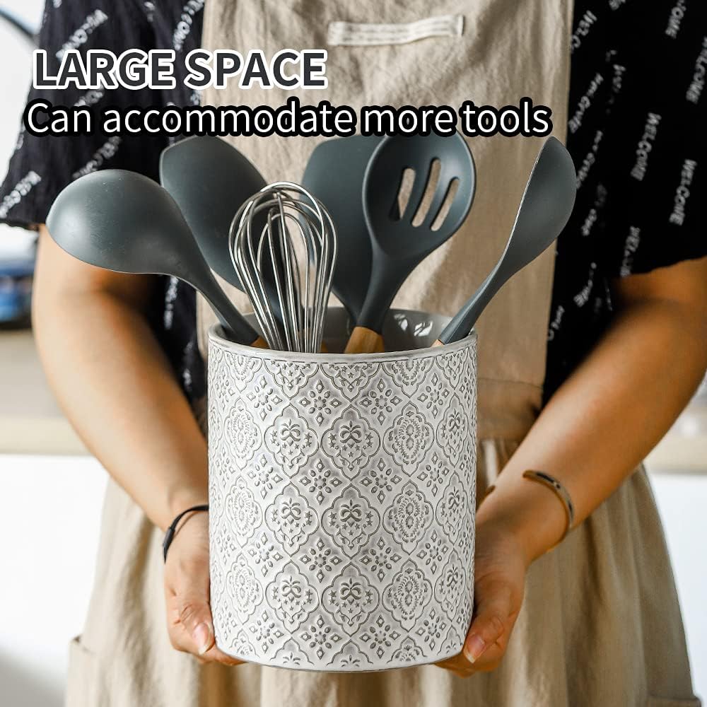 Kitchen Utensil Holder, Large Utensil Holders for Countertop, 6 x 7 Inches Ceramic Utensil Crock, Deep and Stable, Cooking Utensil Holder, Embossed Pattern (BLue)