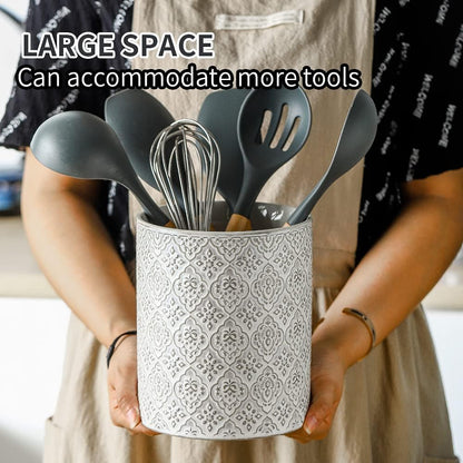 Kitchen Utensil Holder, Large Utensil Holders for Countertop, 6 x 7 Inches Ceramic Utensil Crock, Deep and Stable, Cooking Utensil Holder, Embossed Pattern (BLue)