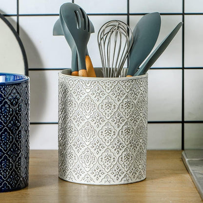 Kitchen Utensil Holder, Large Utensil Holders for Countertop, 6 x 7 Inches Ceramic Utensil Crock, Deep and Stable, Cooking Utensil Holder, Embossed Pattern (BLue)