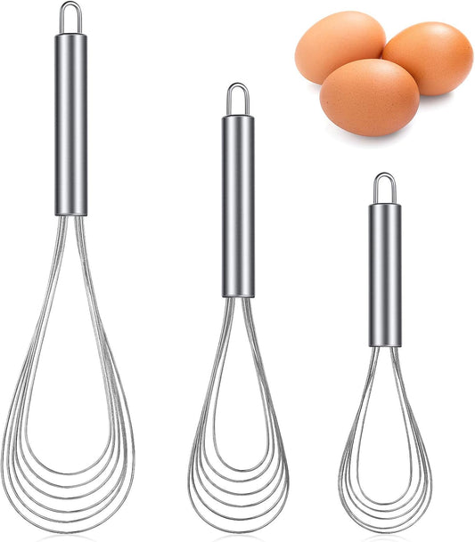 3 Pieces Kitchen Flat Whisk Set Stainless Steel Flat Wire Egg Whisk Cooking Kitchen Utensil for Cooking Blending Whisking Beating Mixing Stirring Sauces Batter(8'', 10'', 11.6'')
