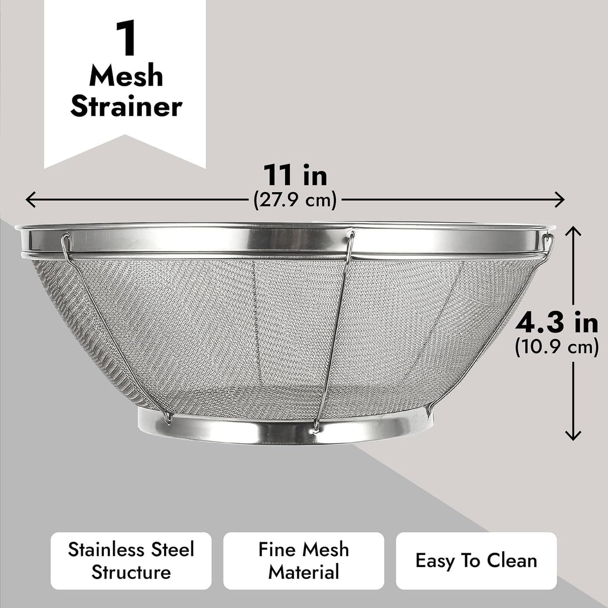 Stainless Steel Fine Mesh Strainer - Durable Rust-Resistant Mesh Colander - Ergonomic Handle Rice Colander - Ultra-Fine Flour Sifter - Dishwasher Safe with Stable Design - 11 in x 4 in, Silver