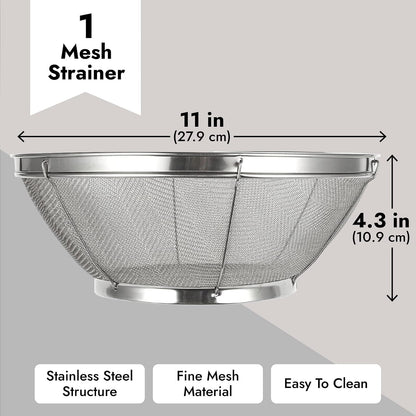 Stainless Steel Fine Mesh Strainer - Durable Rust-Resistant Mesh Colander - Ergonomic Handle Rice Colander - Ultra-Fine Flour Sifter - Dishwasher Safe with Stable Design - 11 in x 4 in, Silver