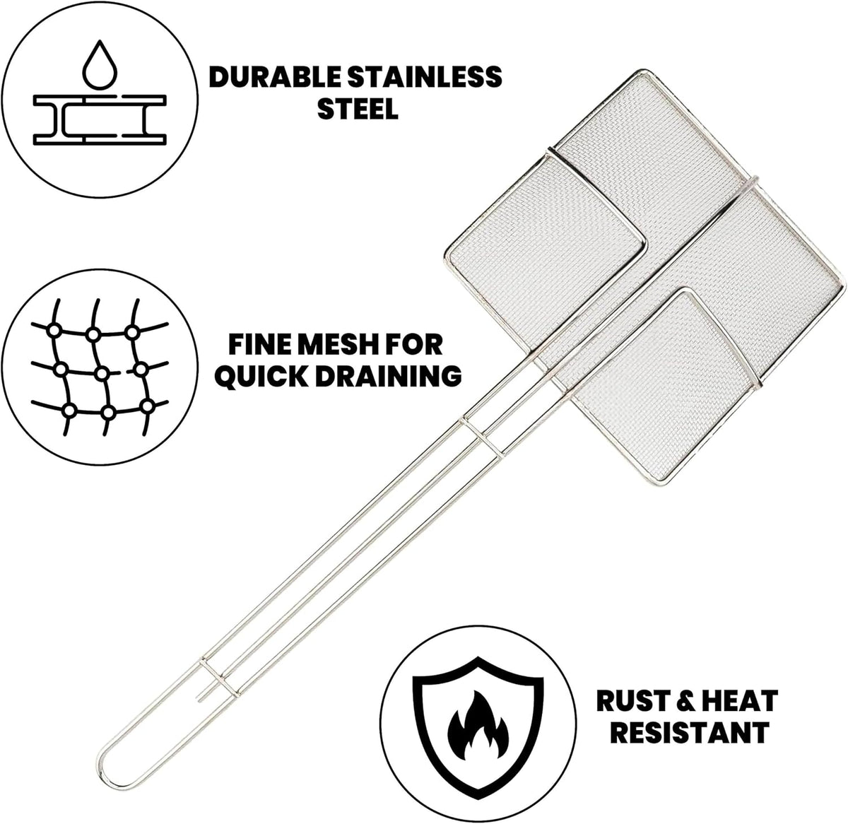 Square Mesh Skimmer | 6.5" Medium 20L | Stainless Steel Spider Cooking Oil Strainer with Long Handle for Kitchen | Deep Nickel Fryer Scoop for Professional Restaurant Use