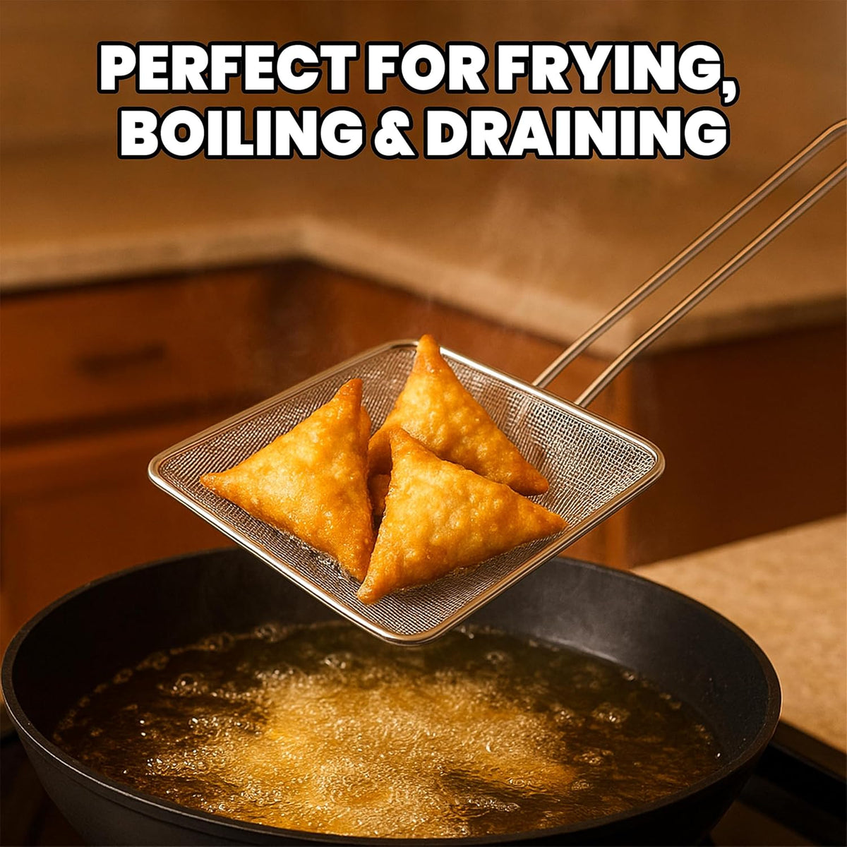 Square Mesh Skimmer | 6.5" Medium 20L | Stainless Steel Spider Cooking Oil Strainer with Long Handle for Kitchen | Deep Nickel Fryer Scoop for Professional Restaurant Use