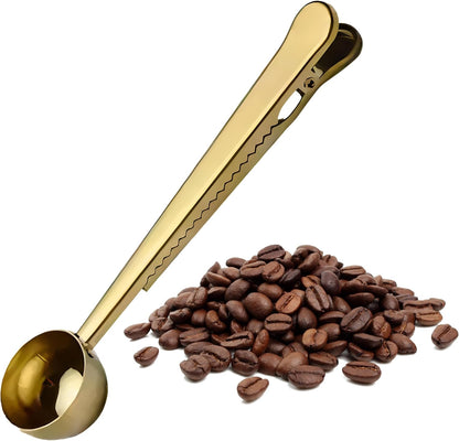 ® Coffee Bean Measuring Spoon with Bag Clip | Stainless Steel Coffee Scoop with Built-in Bag Sealer | Coffee Spoons | Bar Spoon (Gold)