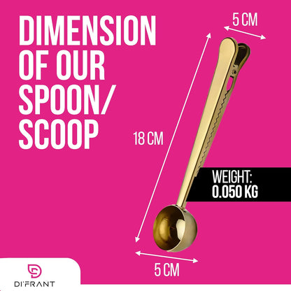 ® Coffee Bean Measuring Spoon with Bag Clip | Stainless Steel Coffee Scoop with Built-in Bag Sealer | Coffee Spoons | Bar Spoon (Gold)