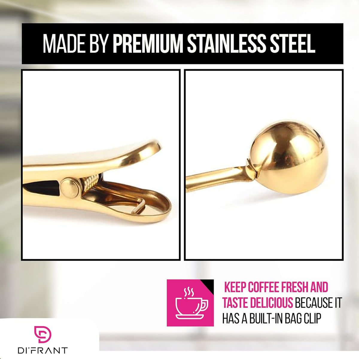 ® Coffee Bean Measuring Spoon with Bag Clip | Stainless Steel Coffee Scoop with Built-in Bag Sealer | Coffee Spoons | Bar Spoon (Gold)