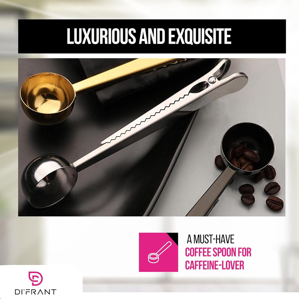 ® Coffee Bean Measuring Spoon with Bag Clip | Stainless Steel Coffee Scoop with Built-in Bag Sealer | Coffee Spoons | Bar Spoon (Gold)