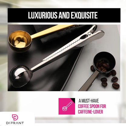 ® Coffee Bean Measuring Spoon with Bag Clip | Stainless Steel Coffee Scoop with Built-in Bag Sealer | Coffee Spoons | Bar Spoon (Gold)