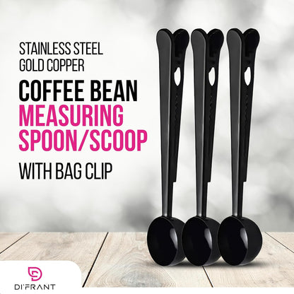 ® Coffee Bean Measuring Spoon with Bag Clip | Stainless Steel Coffee Scoop with Built-in Bag Sealer | Coffee Spoons | Bar Spoon (Gold)