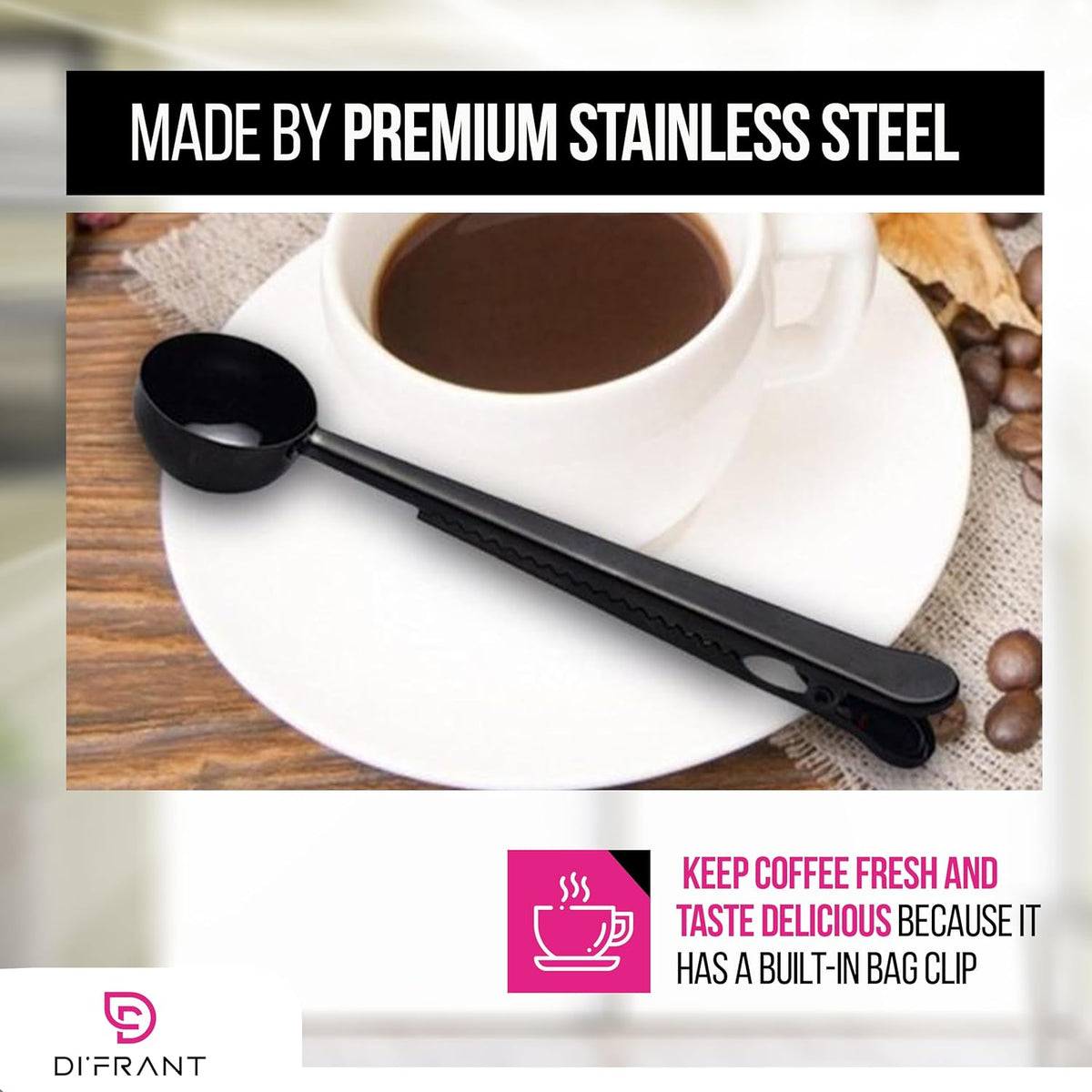 ® Coffee Bean Measuring Spoon with Bag Clip | Stainless Steel Coffee Scoop with Built-in Bag Sealer | Coffee Spoons | Bar Spoon (Gold)