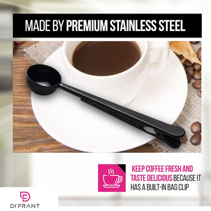 ® Coffee Bean Measuring Spoon with Bag Clip | Stainless Steel Coffee Scoop with Built-in Bag Sealer | Coffee Spoons | Bar Spoon (Gold)